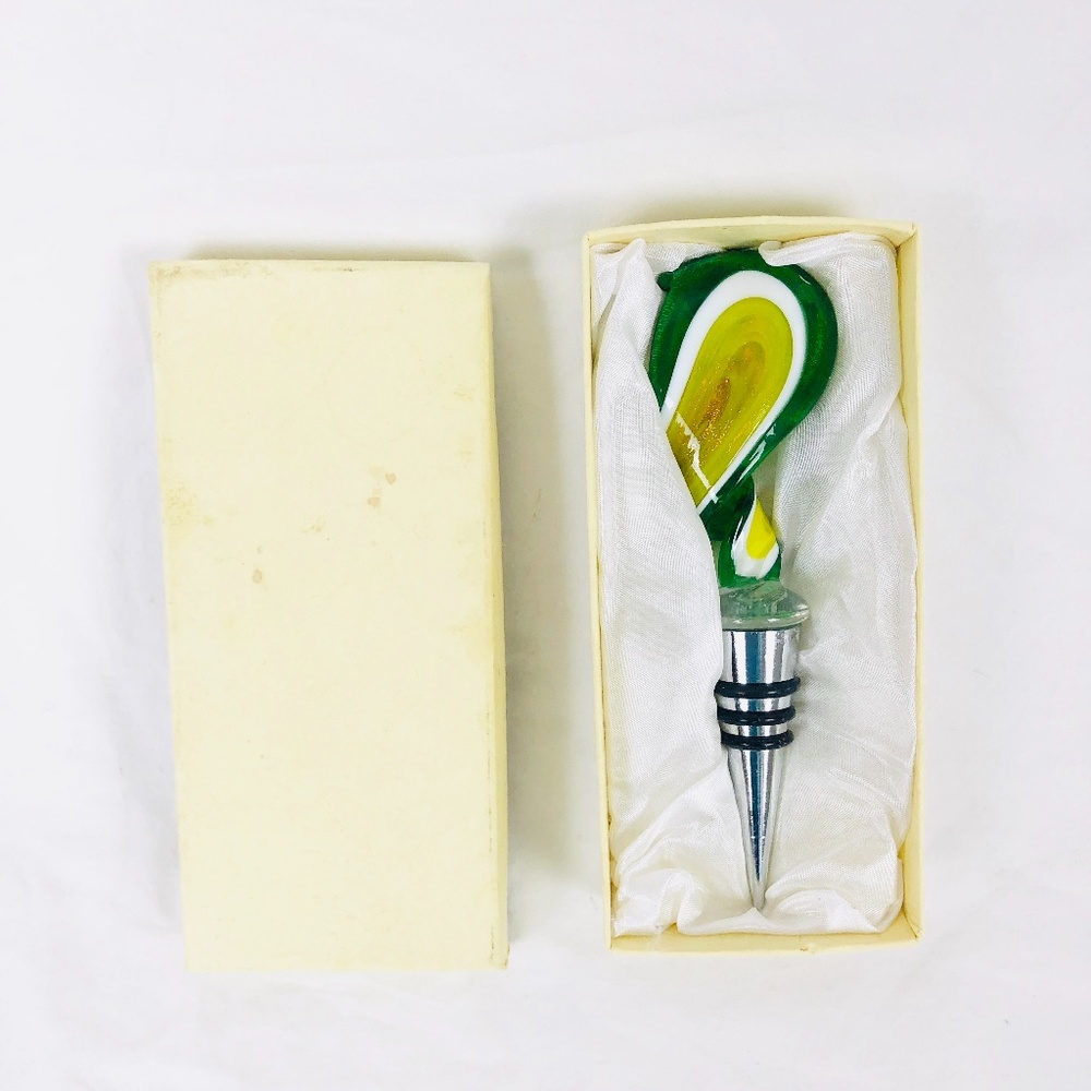 NEW Green Yellow Art Glass Wine Stopper Gift NIB